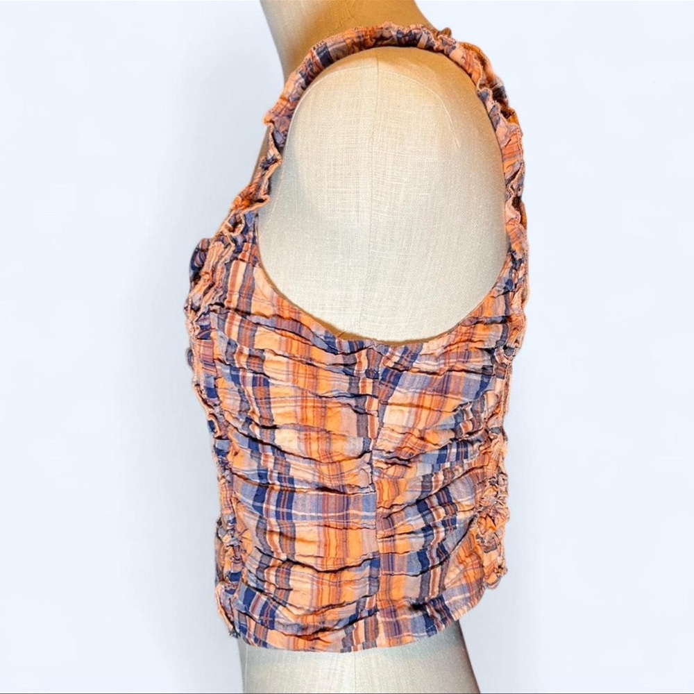 🧡Anthropologie Verb Orange & Blue Plaid Ruffle Sleeveless Crop Top 💙 - Picture 3 of 7